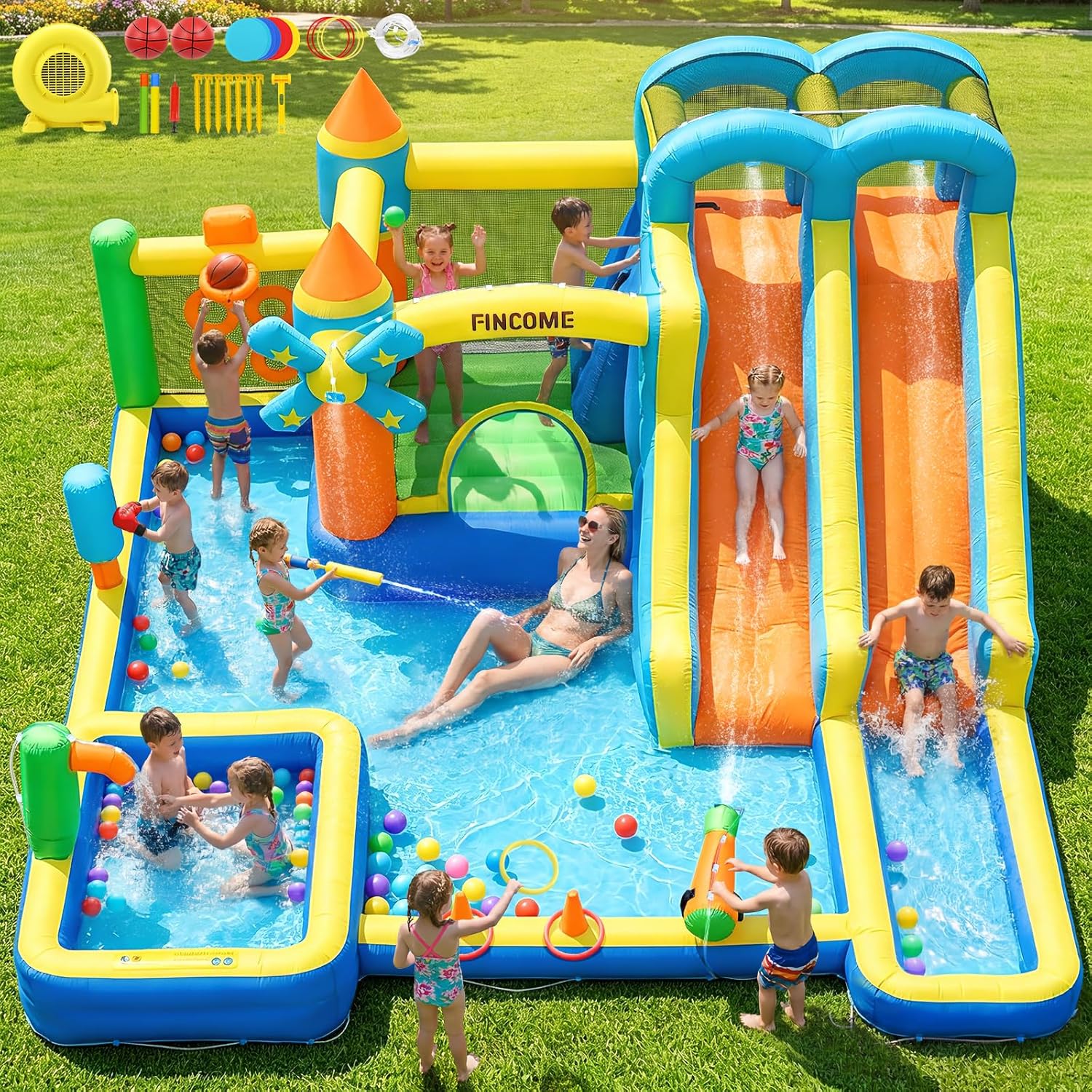 Kids Outdoor Climbing Wall - Nadmuchiwany zamek dmuchany 10w1 z podwójnymi