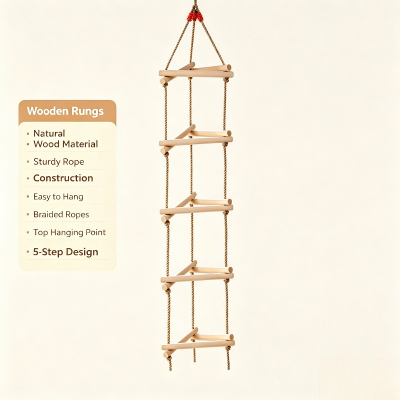 Kids Outdoor Ladder - 5-stopniowa drewniana trójkątna drabinka sznurkowa z